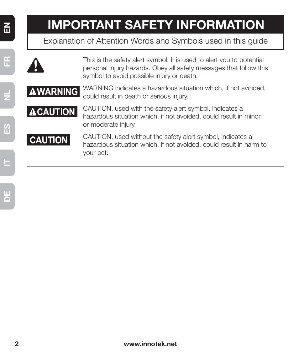 Important safety information | Petsafe Innotek Anti-Bark Spray Collar™ User Manual | Page 2 / 80