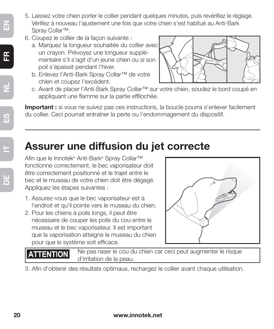 Assurer une diffusion du jet correcte, En fr es nl it de | Petsafe Innotek Anti-Bark Spray Collar™ User Manual | Page 20 / 80