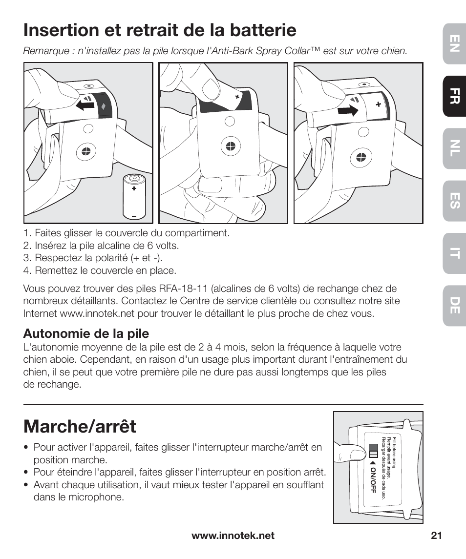 Insertion et retrait de la batterie, Marche/arrêt | Petsafe Innotek Anti-Bark Spray Collar™ User Manual | Page 21 / 80