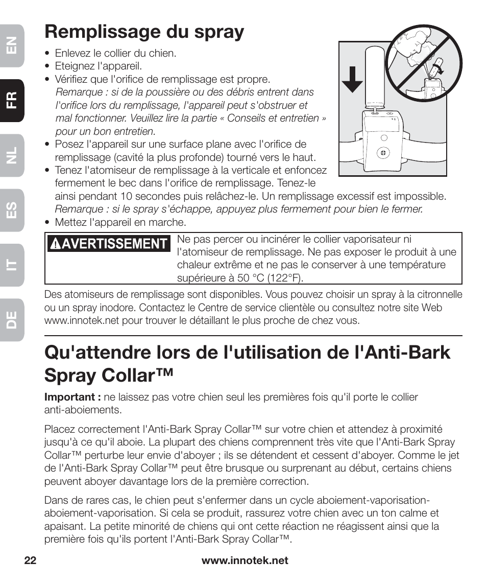 Remplissage du spray | Petsafe Innotek Anti-Bark Spray Collar™ User Manual | Page 22 / 80