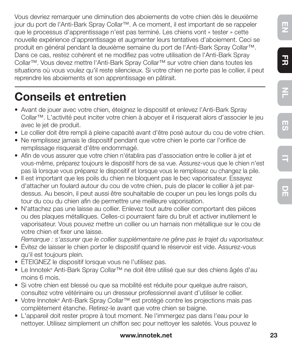 Conseils et entretien, En fr es nl it de | Petsafe Innotek Anti-Bark Spray Collar™ User Manual | Page 23 / 80