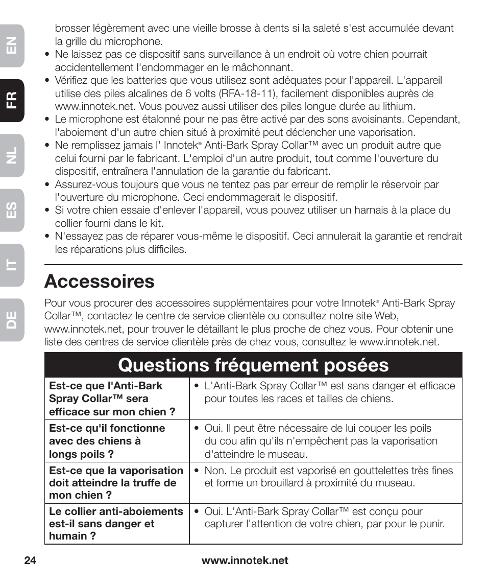 Accessoires, Questions fréquement posées, En fr es nl it de | Petsafe Innotek Anti-Bark Spray Collar™ User Manual | Page 24 / 80