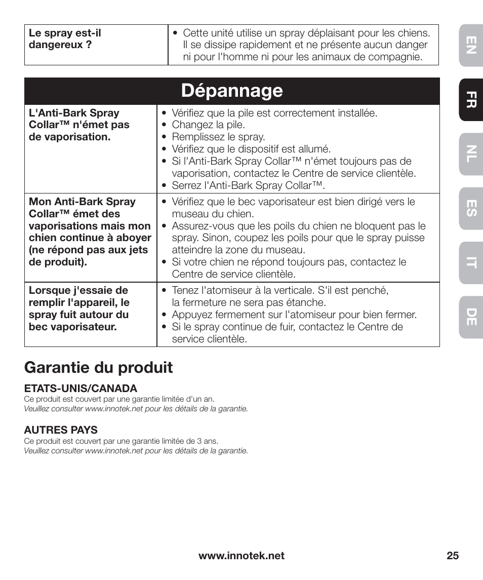 Dépannage, Garantie du produit, En fr es nl it de | Petsafe Innotek Anti-Bark Spray Collar™ User Manual | Page 25 / 80