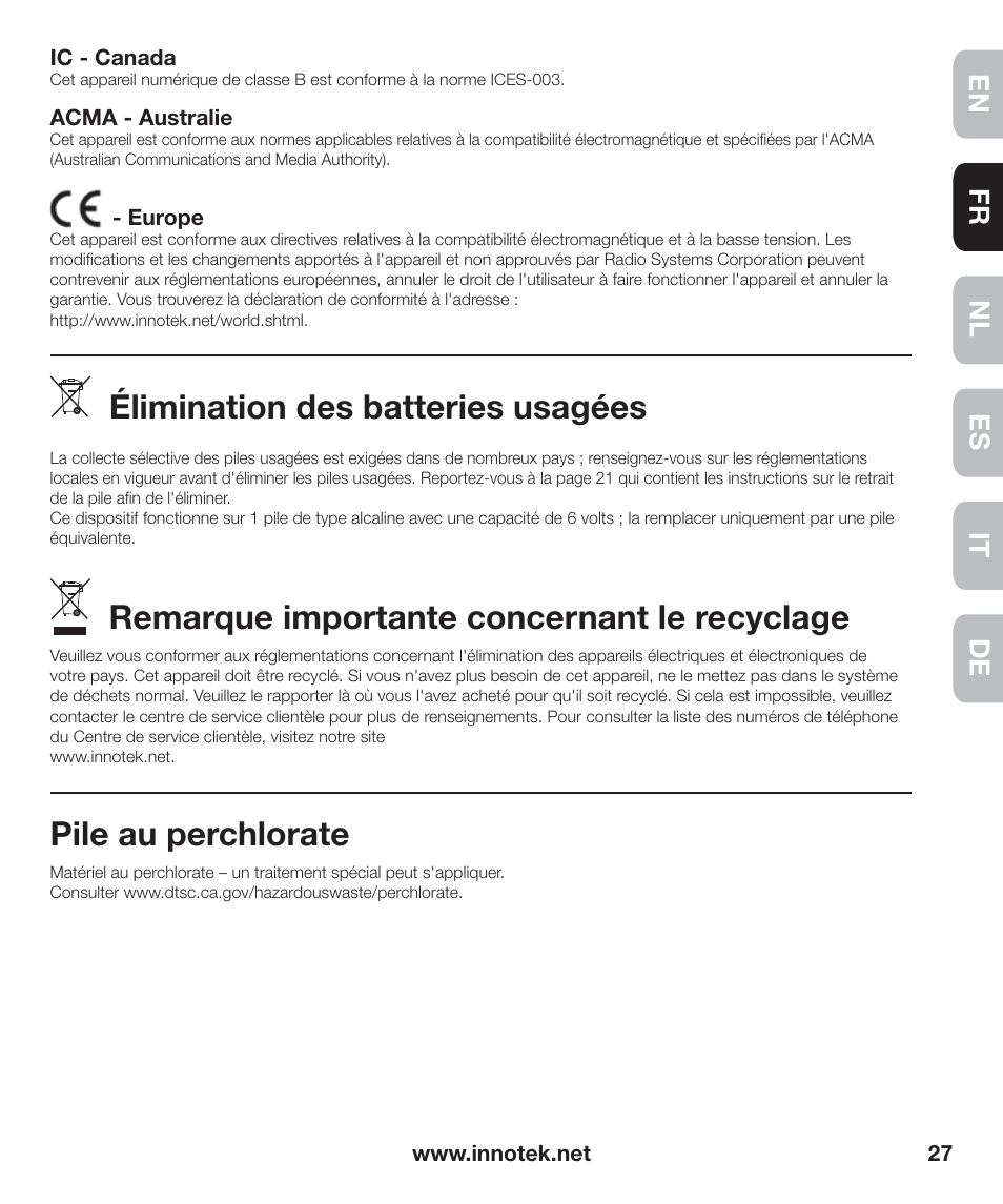 Élimination des batteries usagées, Remarque importante concernant le recyclage, Pile au perchlorate | En fr es nl it de | Petsafe Innotek Anti-Bark Spray Collar™ User Manual | Page 27 / 80