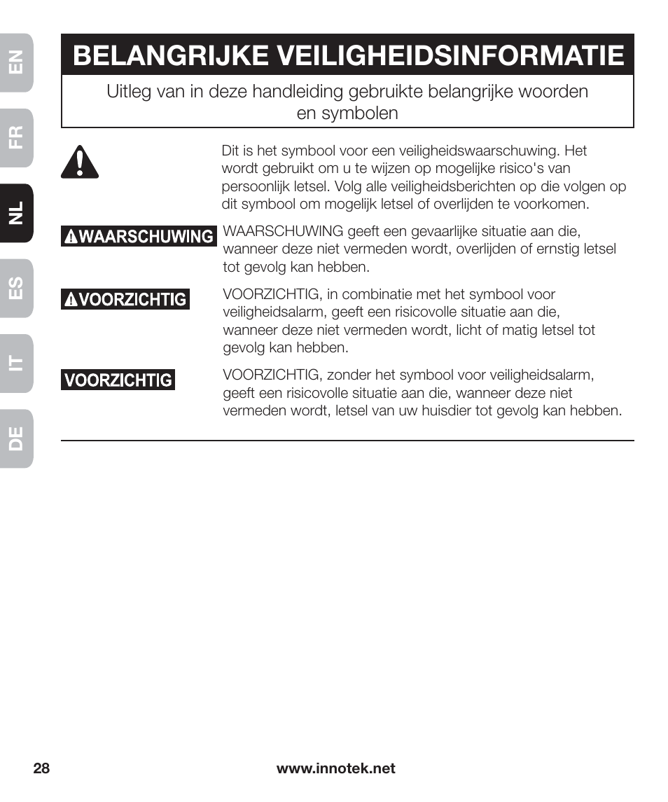 Belangrijke veiligheidsinformatie | Petsafe Innotek Anti-Bark Spray Collar™ User Manual | Page 28 / 80