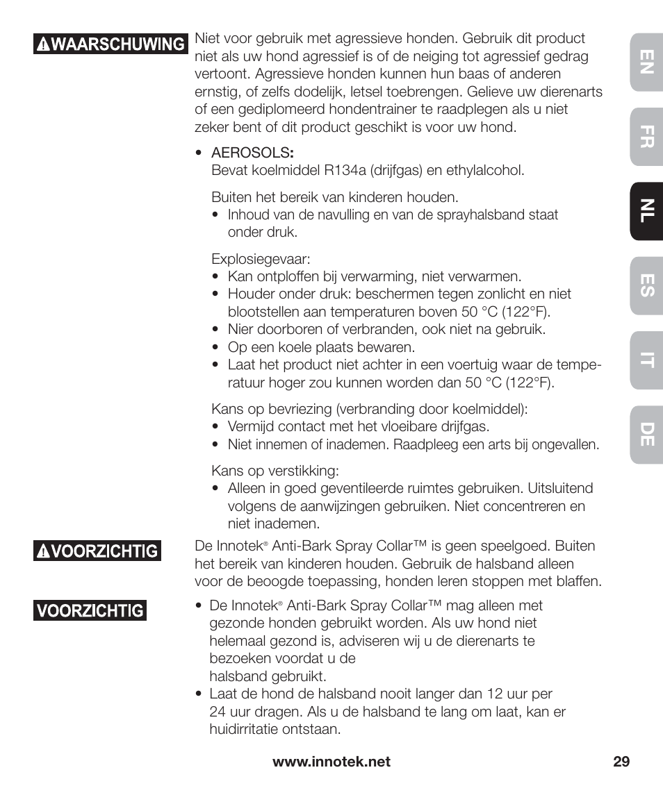 En fr es nl it de | Petsafe Innotek Anti-Bark Spray Collar™ User Manual | Page 29 / 80