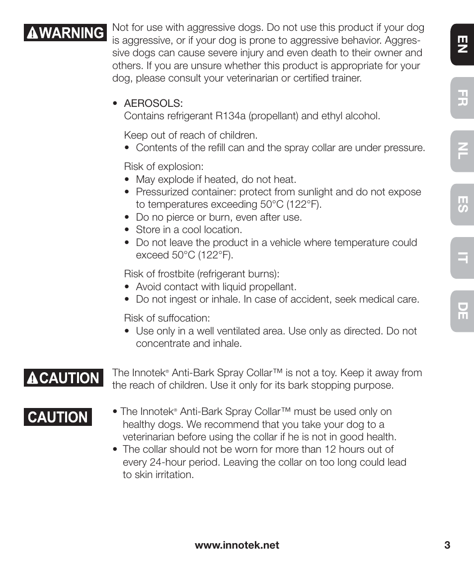 En fr es nl it de | Petsafe Innotek Anti-Bark Spray Collar™ User Manual | Page 3 / 80