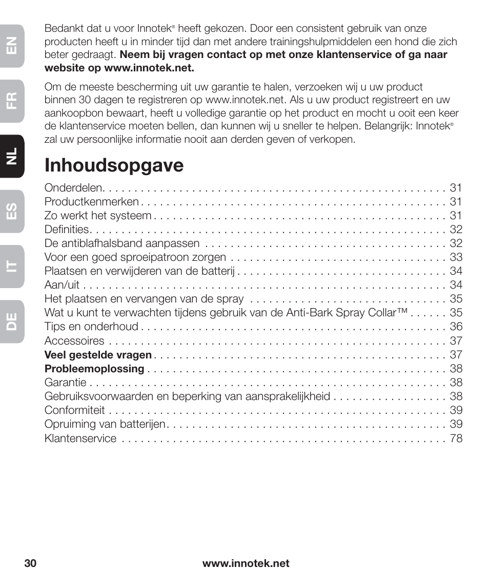 Inhoudsopgave, En fr es nl it de | Petsafe Innotek Anti-Bark Spray Collar™ User Manual | Page 30 / 80