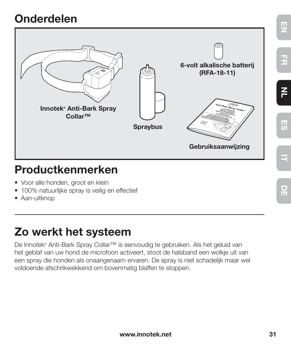 Onderdelen, Productkenmerken, Zo werkt het systeem | En fr es nl it de | Petsafe Innotek Anti-Bark Spray Collar™ User Manual | Page 31 / 80