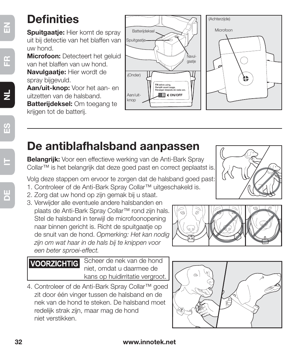 Deﬁ nities, De antiblafhalsband aanpassen, En fr es nl it de | Petsafe Innotek Anti-Bark Spray Collar™ User Manual | Page 32 / 80