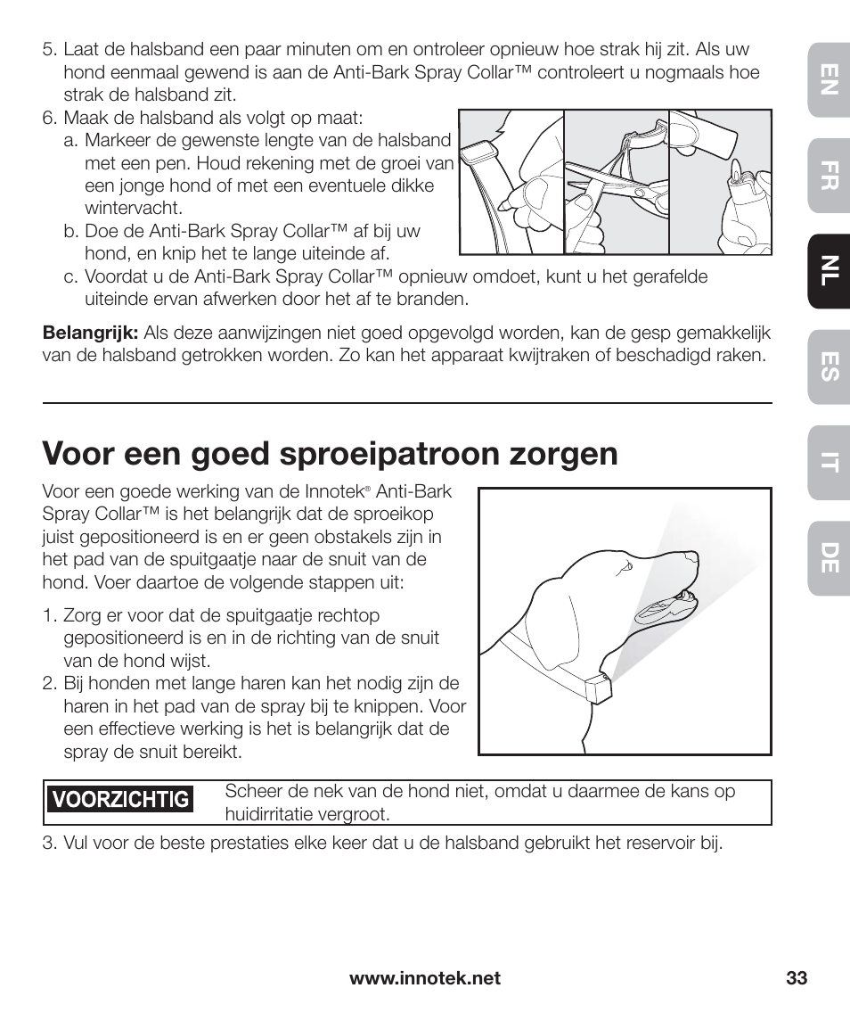 Voor een goed sproeipatroon zorgen, En fr es nl it de | Petsafe Innotek Anti-Bark Spray Collar™ User Manual | Page 33 / 80