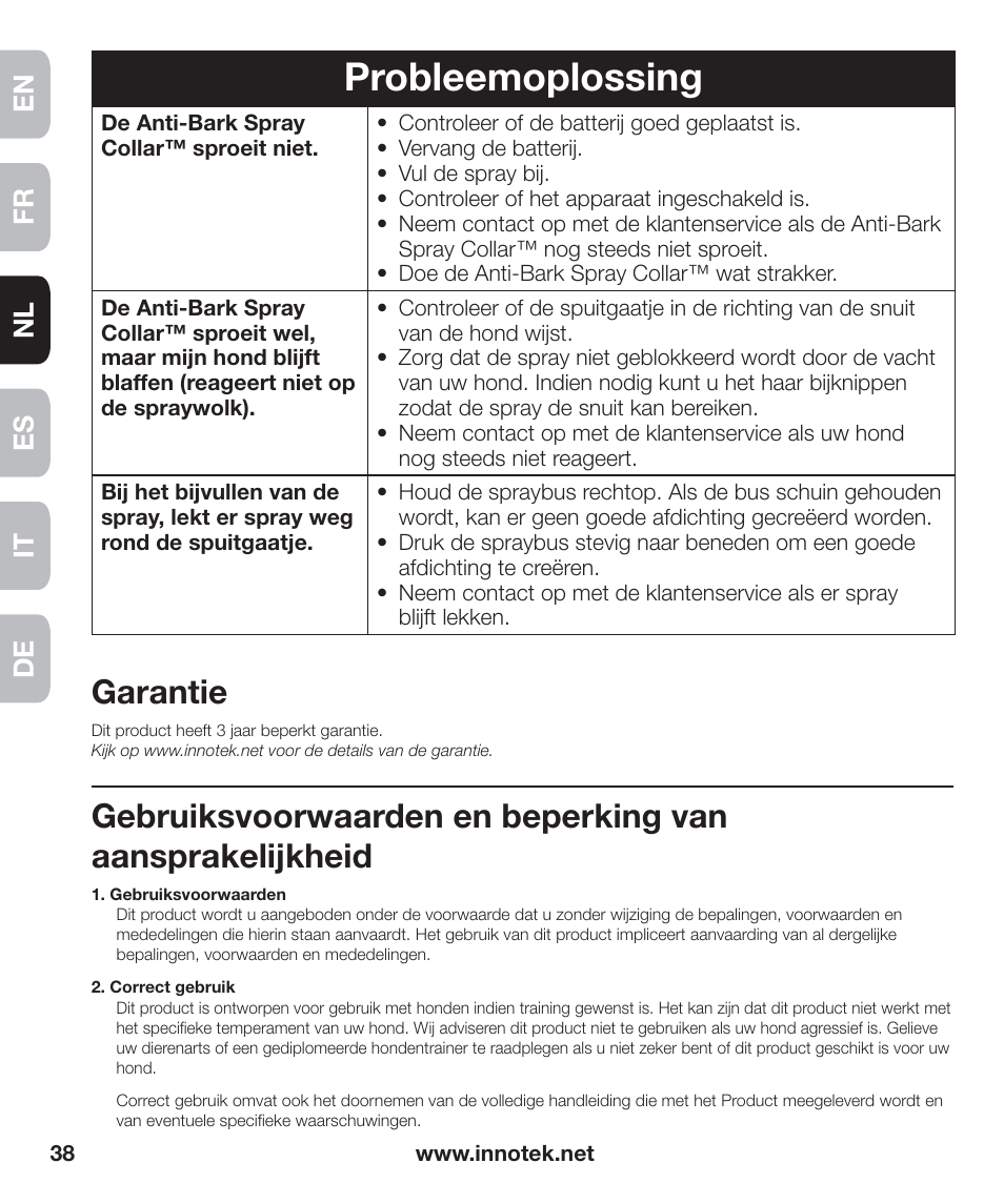 Probleemoplossing, Garantie, En fr es nl it de | Petsafe Innotek Anti-Bark Spray Collar™ User Manual | Page 38 / 80