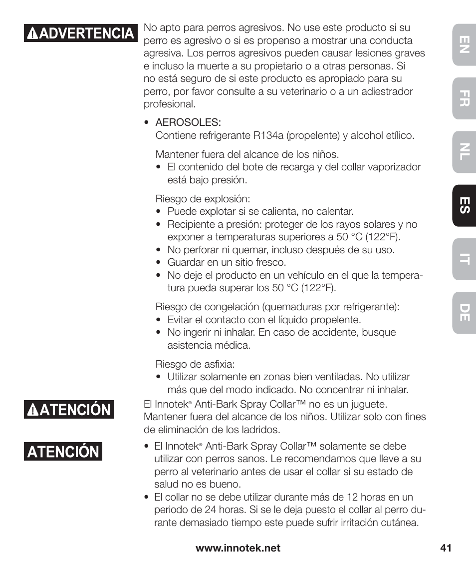 En fr es nl it de | Petsafe Innotek Anti-Bark Spray Collar™ User Manual | Page 41 / 80