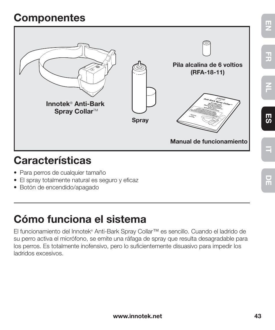 Componentes, Características, Cómo funciona el sistema | En fr es nl it de | Petsafe Innotek Anti-Bark Spray Collar™ User Manual | Page 43 / 80