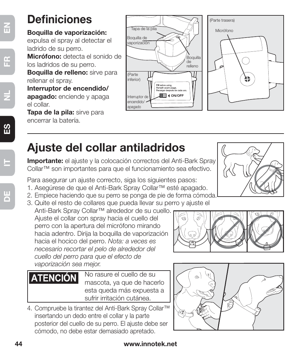 Deﬁ niciones, Ajuste del collar antiladridos, En fr es nl it de | Petsafe Innotek Anti-Bark Spray Collar™ User Manual | Page 44 / 80