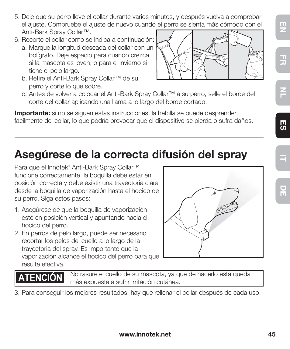 Asegúrese de la correcta difusión del spray, En fr es nl it de | Petsafe Innotek Anti-Bark Spray Collar™ User Manual | Page 45 / 80