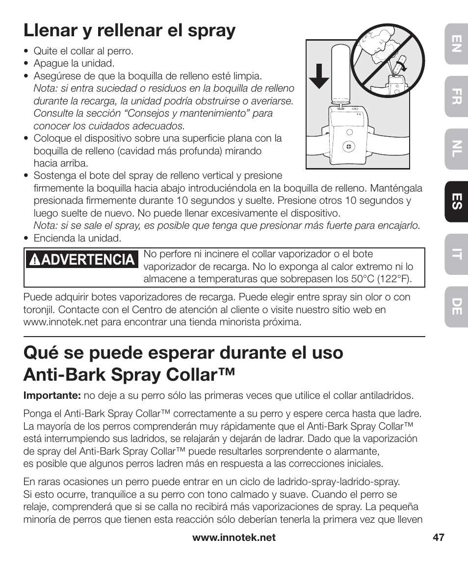 Llenar y rellenar el spray | Petsafe Innotek Anti-Bark Spray Collar™ User Manual | Page 47 / 80