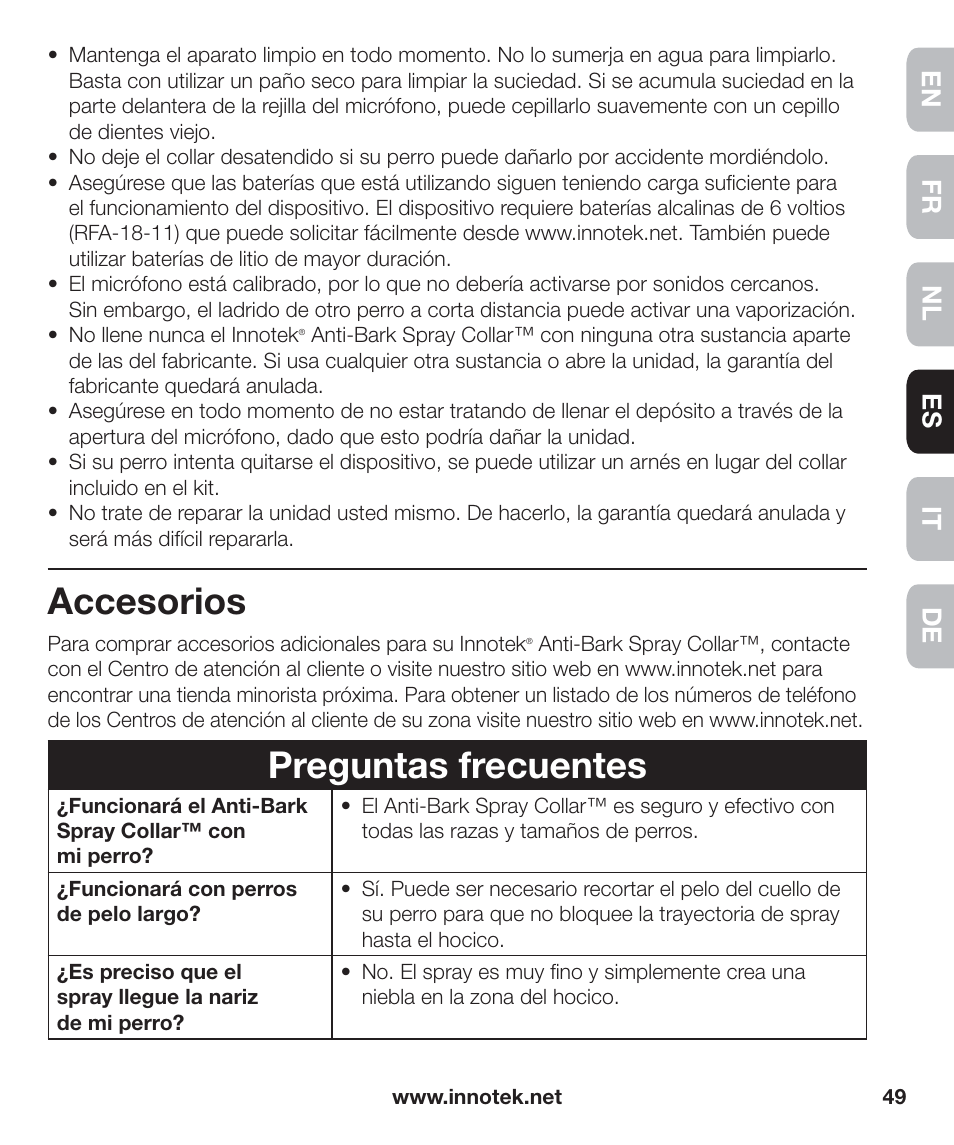Accesorios, Preguntas frecuentes, En fr es nl it de | Petsafe Innotek Anti-Bark Spray Collar™ User Manual | Page 49 / 80