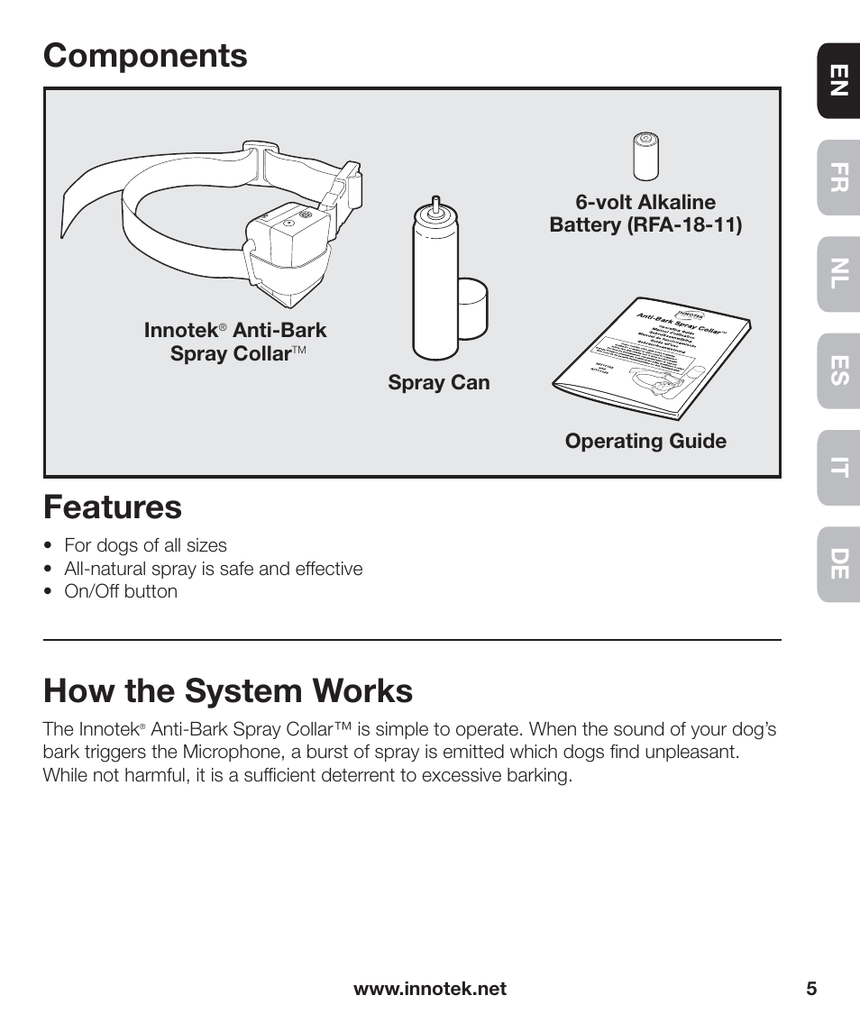Components features, How the system works, En fr es nl it de | Petsafe Innotek Anti-Bark Spray Collar™ User Manual | Page 5 / 80
