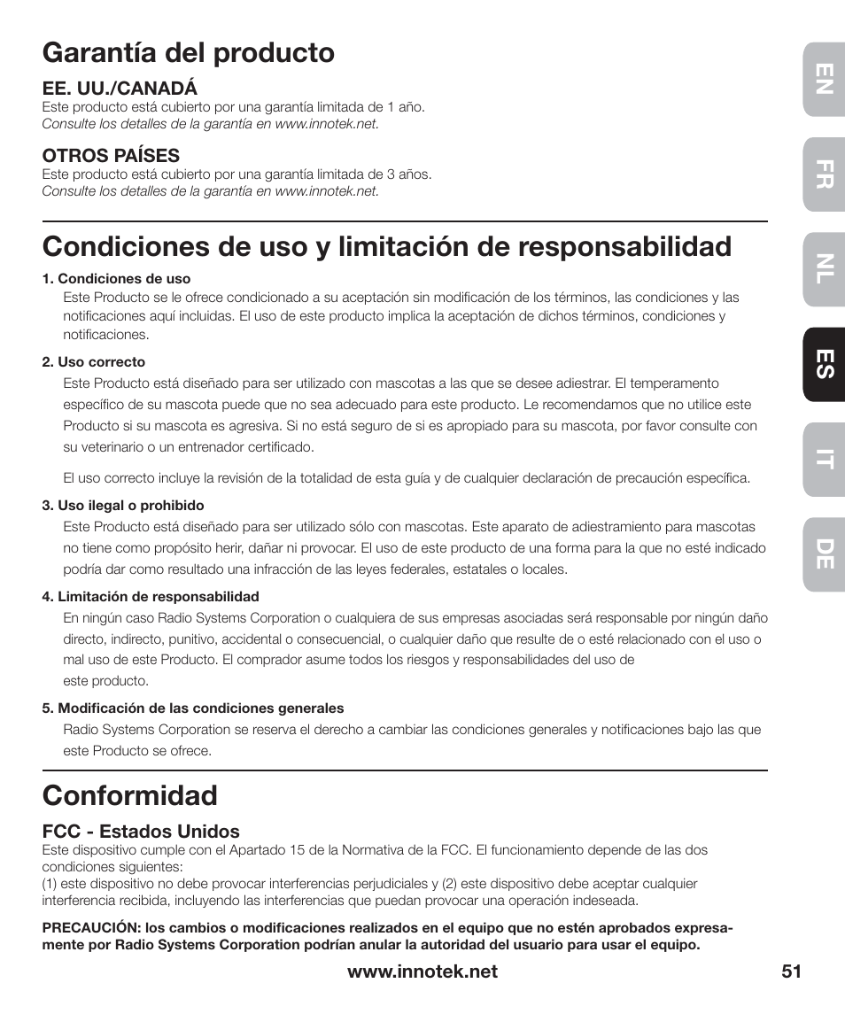 Garantía del producto, Condiciones de uso y limitación de responsabilidad, Conformidad | En fr es nl it de | Petsafe Innotek Anti-Bark Spray Collar™ User Manual | Page 51 / 80