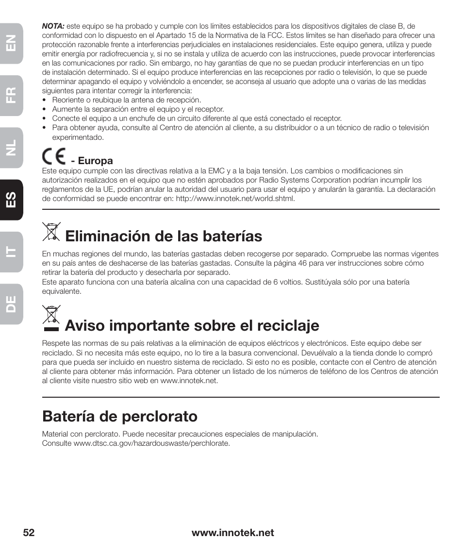 Eliminación de las baterías, Aviso importante sobre el reciclaje, Batería de perclorato | En fr es nl it de | Petsafe Innotek Anti-Bark Spray Collar™ User Manual | Page 52 / 80