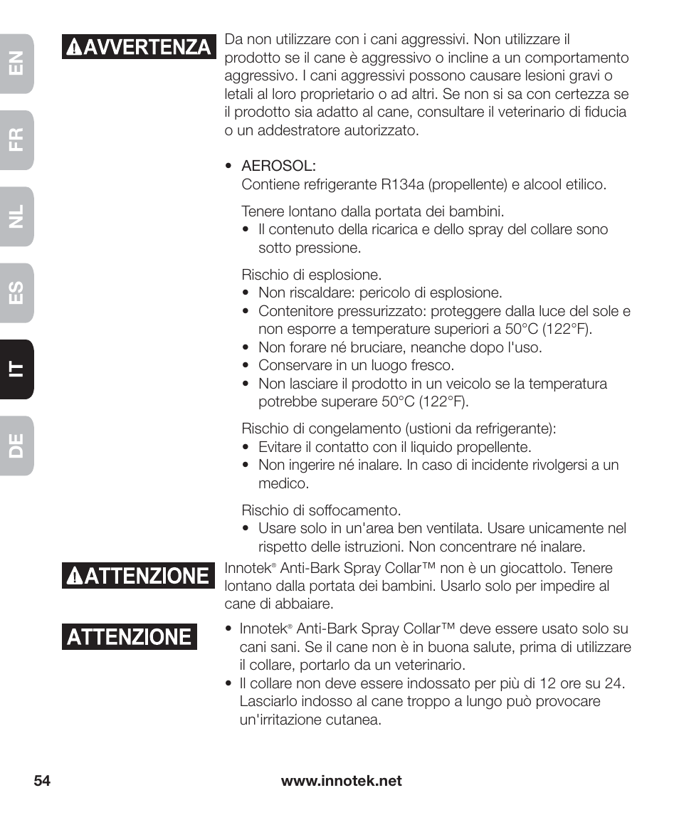 En fr es nl it de | Petsafe Innotek Anti-Bark Spray Collar™ User Manual | Page 54 / 80
