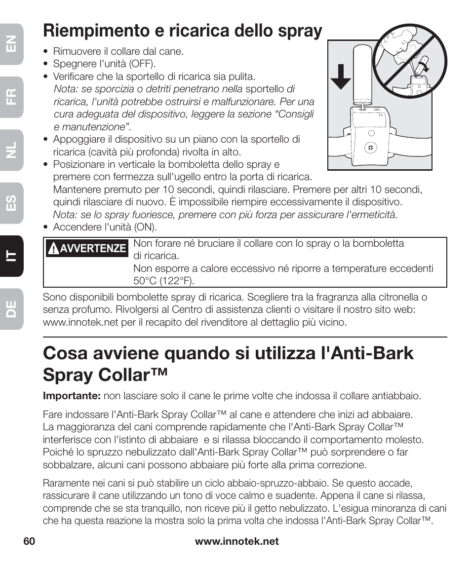 Riempimento e ricarica dello spray | Petsafe Innotek Anti-Bark Spray Collar™ User Manual | Page 60 / 80