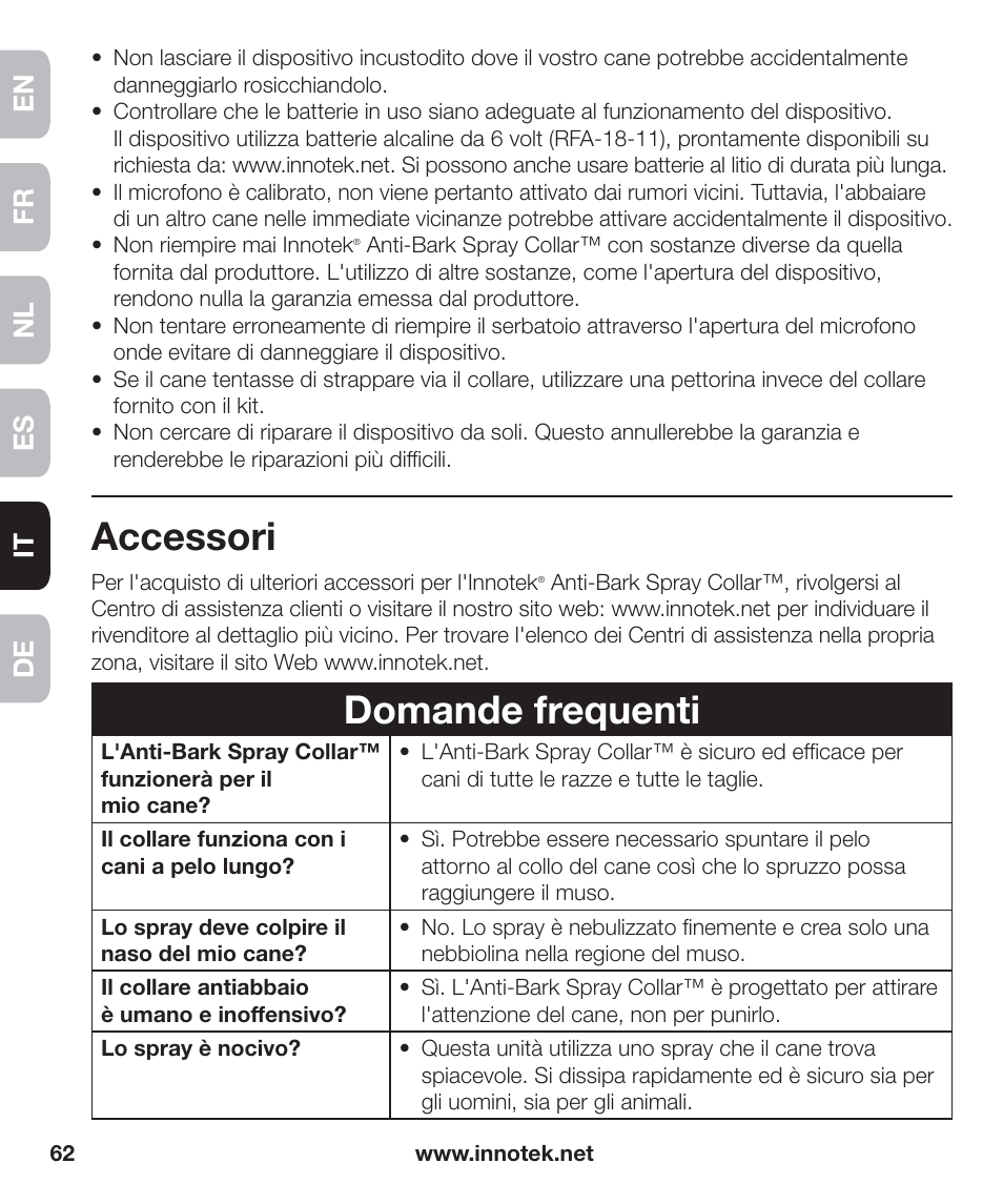 Accessori, Domande frequenti, En fr es nl it de | Petsafe Innotek Anti-Bark Spray Collar™ User Manual | Page 62 / 80