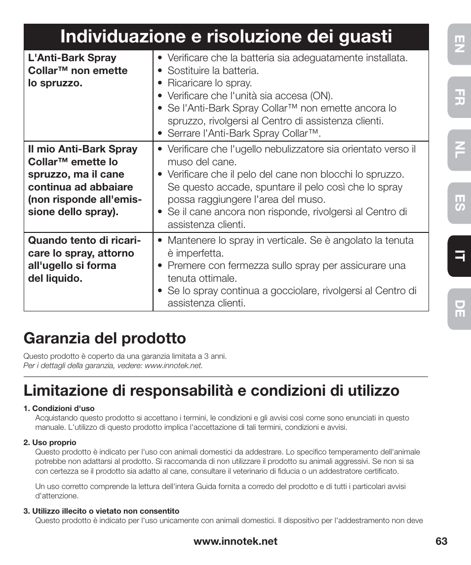 Individuazione e risoluzione dei guasti, Garanzia del prodotto, En fr es nl it de | Petsafe Innotek Anti-Bark Spray Collar™ User Manual | Page 63 / 80