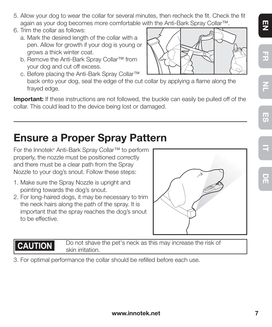 Ensure a proper spray pattern, En fr es nl it de | Petsafe Innotek Anti-Bark Spray Collar™ User Manual | Page 7 / 80