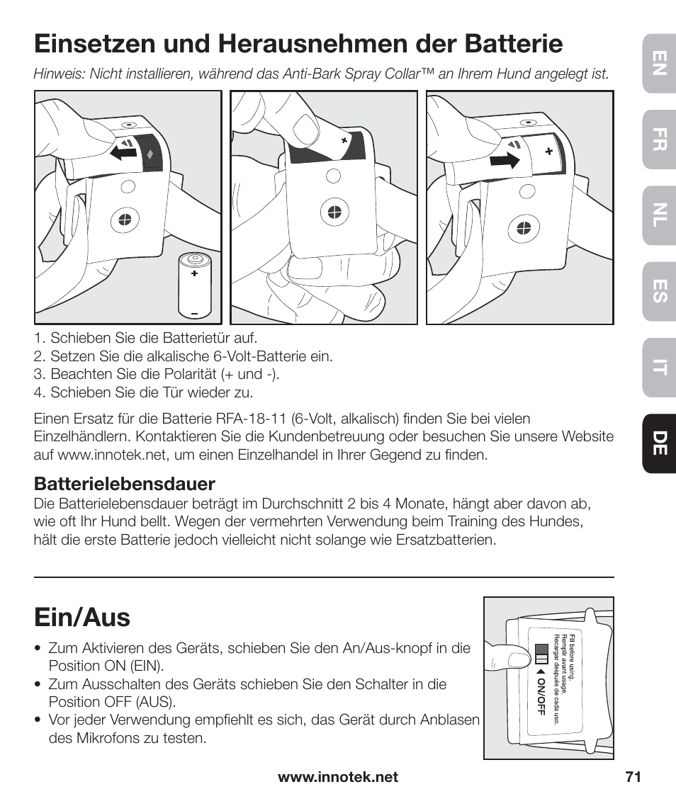 Einsetzen und herausnehmen der batterie, Ein/aus | Petsafe Innotek Anti-Bark Spray Collar™ User Manual | Page 71 / 80