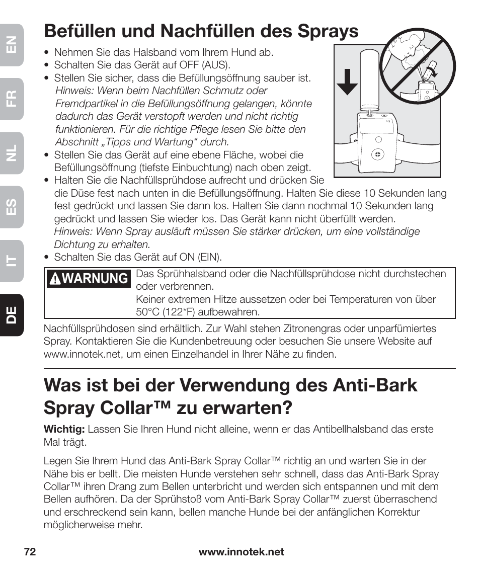 Befüllen und nachfüllen des sprays, Warnung | Petsafe Innotek Anti-Bark Spray Collar™ User Manual | Page 72 / 80
