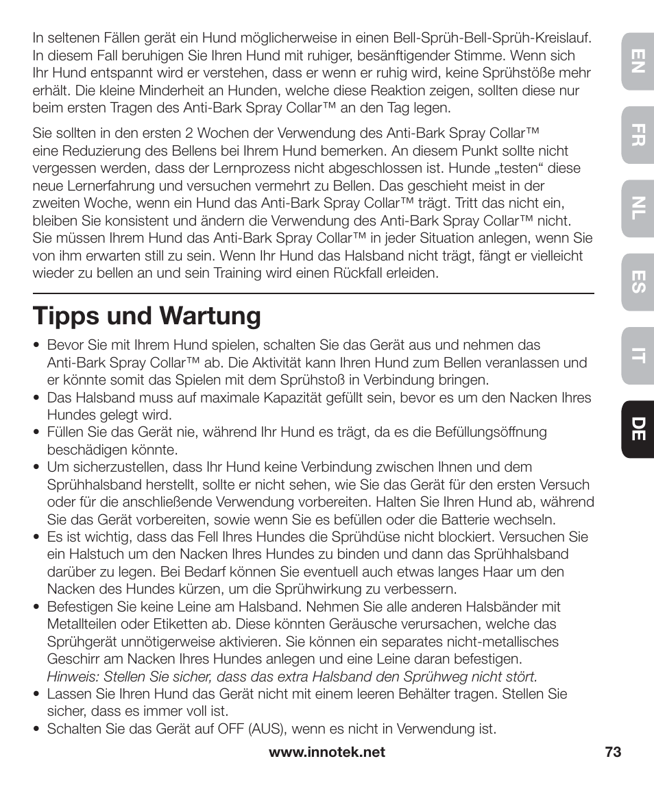 Tipps und wartung | Petsafe Innotek Anti-Bark Spray Collar™ User Manual | Page 73 / 80