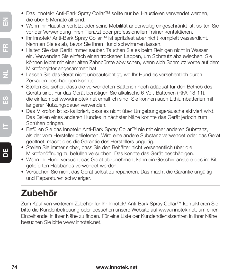 Zubehör, En fr es nl it de | Petsafe Innotek Anti-Bark Spray Collar™ User Manual | Page 74 / 80