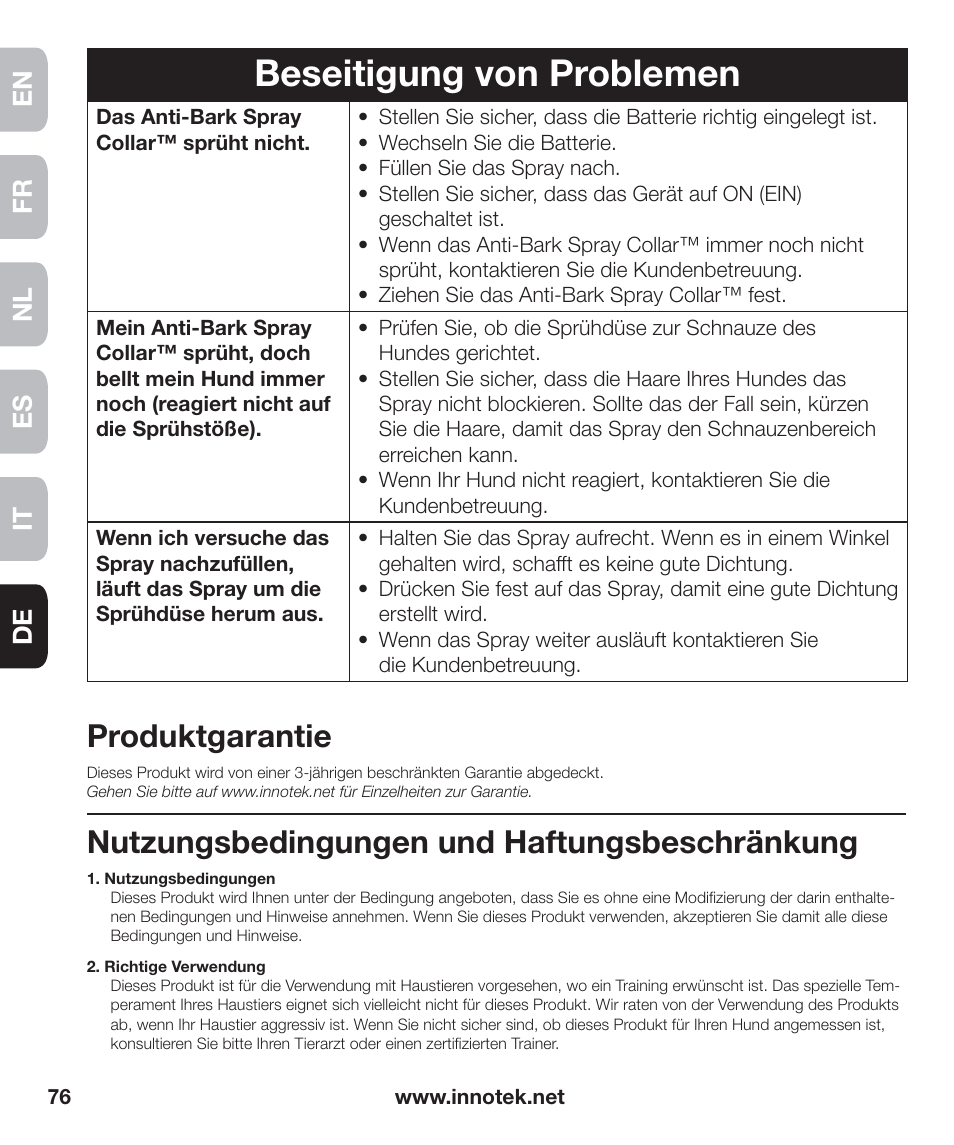 Beseitigung von problemen, Produktgarantie, Nutzungsbedingungen und haftungsbeschränkung | En fr es nl it de | Petsafe Innotek Anti-Bark Spray Collar™ User Manual | Page 76 / 80
