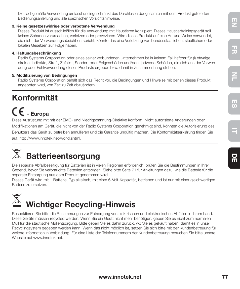Konformität, Batterieentsorgung, Wichtiger recycling-hinweis | En fr es nl it de | Petsafe Innotek Anti-Bark Spray Collar™ User Manual | Page 77 / 80