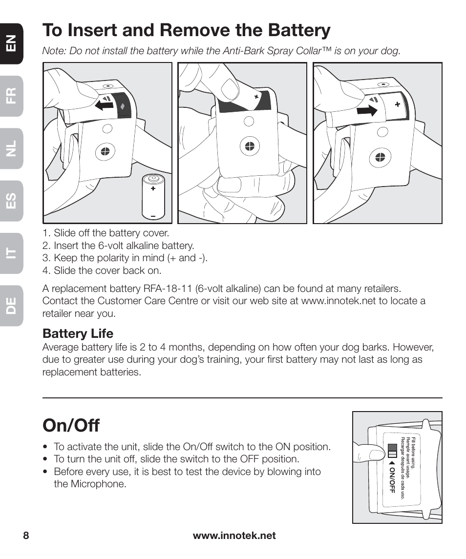 On/off | Petsafe Innotek Anti-Bark Spray Collar™ User Manual | Page 8 / 80