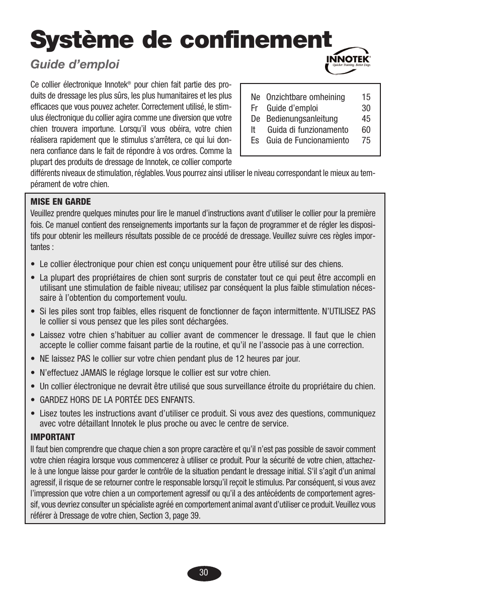 Manual_containment fr.pdf, Système de confinement, Guide d’emploi | Petsafe Innotek Basic In-Ground Fence User Manual | Page 30 / 92