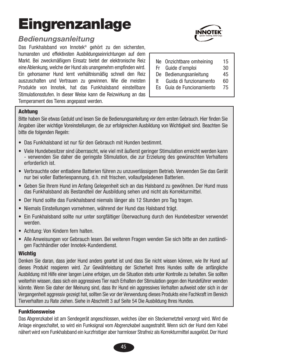 Manual_containment de.pdf, Eingrenzanlage, Bedienungsanleitung | Petsafe Innotek Basic In-Ground Fence User Manual | Page 45 / 92