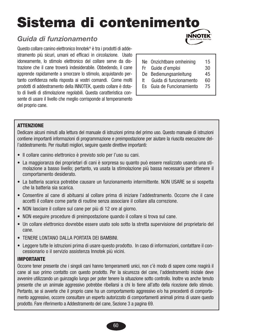Manual_containment it.pdf, Sistema di contenimento, Guida di funzionamento | Petsafe Innotek Basic In-Ground Fence User Manual | Page 60 / 92