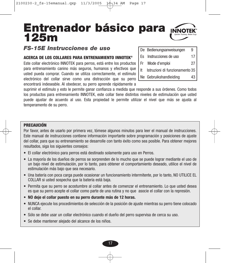 Entrenador básico para 125m, Fs-15e instrucciones de uso | Petsafe Innotek Basic Remote Trainer User Manual | Page 17 / 52