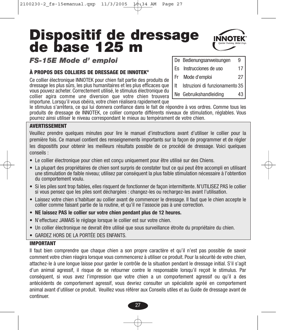 Dispositif de dressage de base 125 m, Fs-15e mode d’ emploi | Petsafe Innotek Basic Remote Trainer User Manual | Page 27 / 52