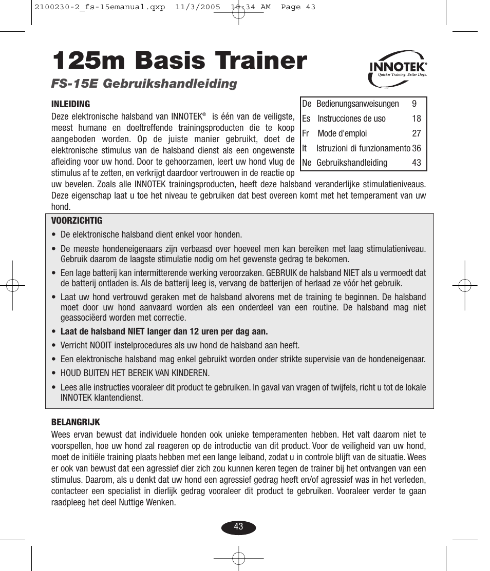 125m basis trainer, Fs-15e gebruikshandleiding | Petsafe Innotek Basic Remote Trainer User Manual | Page 43 / 52