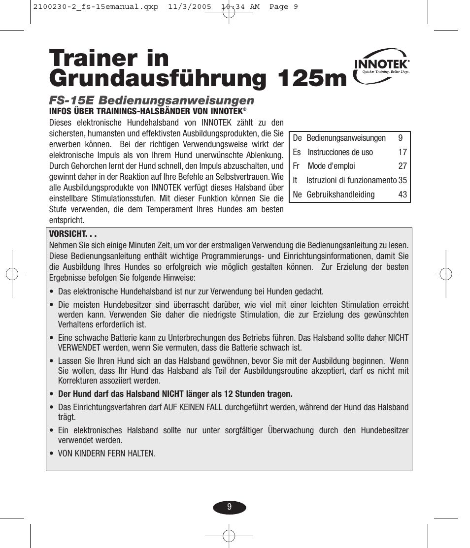 Trainer in grundausführung 125m, Fs-15e bedienungsanweisungen | Petsafe Innotek Basic Remote Trainer User Manual | Page 9 / 52