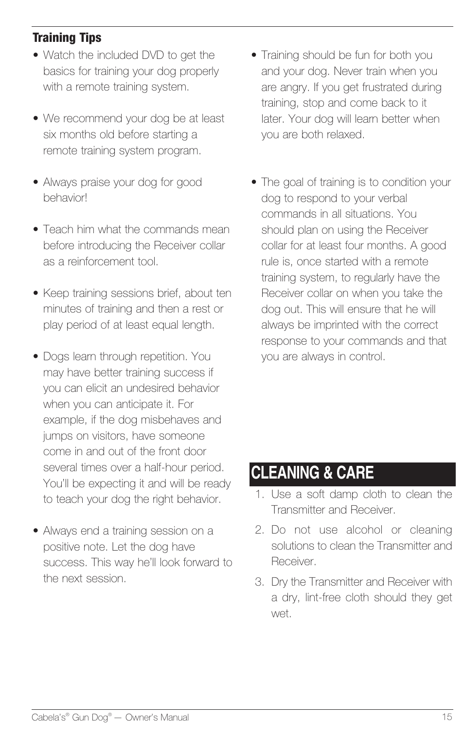 Cleaning & care | Petsafe Innotek Cabela’s Gun Dog Remote Trainer User Manual | Page 15 / 24