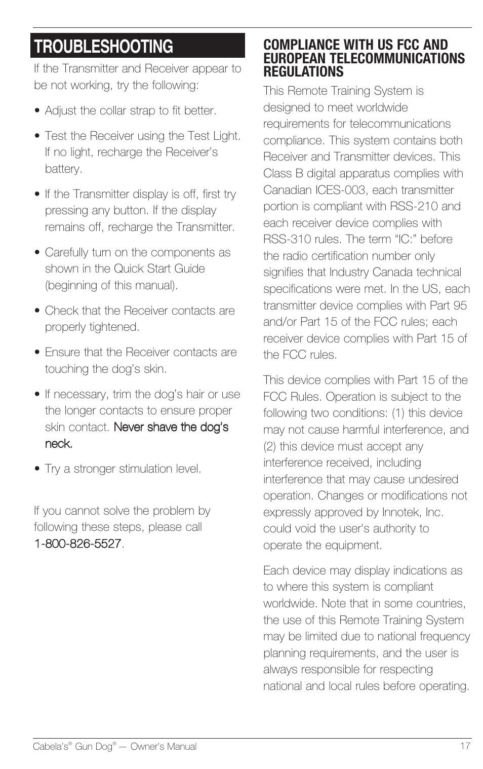 Troubleshooting | Petsafe Innotek Cabela’s Gun Dog Remote Trainer User Manual | Page 17 / 24