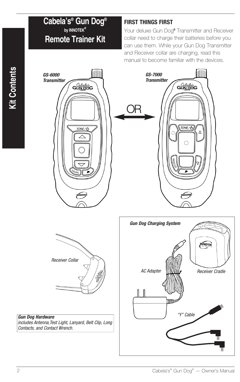 Oor r, Cabela’s, Gun dog | Remote trainer kit, Kit contents | Petsafe Innotek Cabela’s Gun Dog Remote Trainer User Manual | Page 2 / 24
