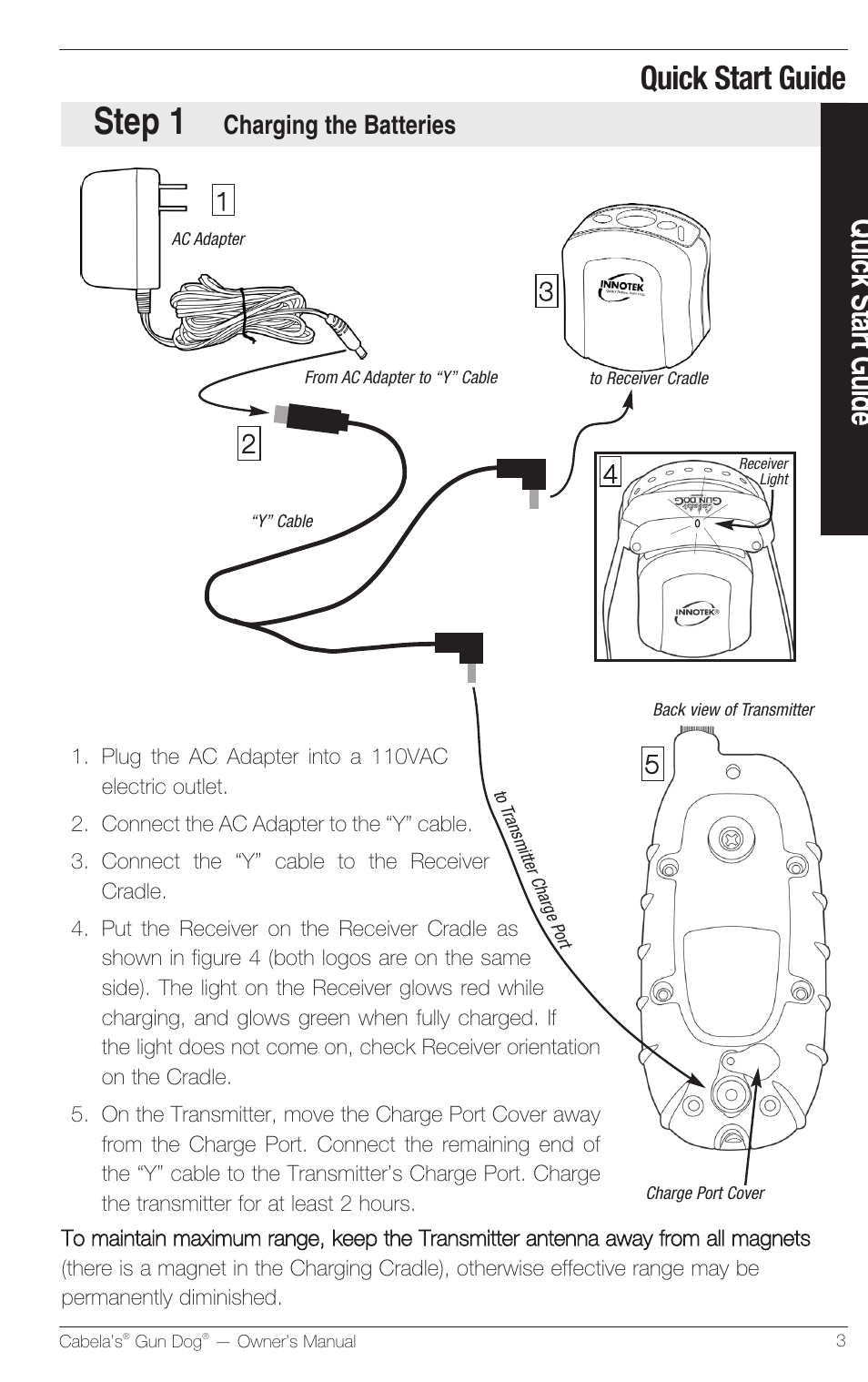 Step 1, Quick start guide, Charging the batteries | Petsafe Innotek Cabela’s Gun Dog Remote Trainer User Manual | Page 3 / 24