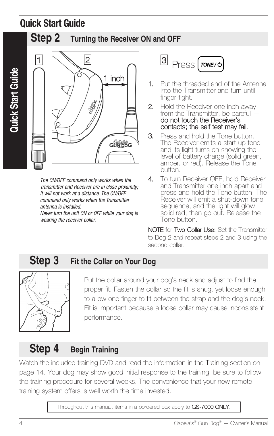 Step 3, Step 4, Step 2 | Quick start guide, Press, Begin training, Turning the receiver on and off 1 1 | Petsafe Innotek Cabela’s Gun Dog Remote Trainer User Manual | Page 4 / 24