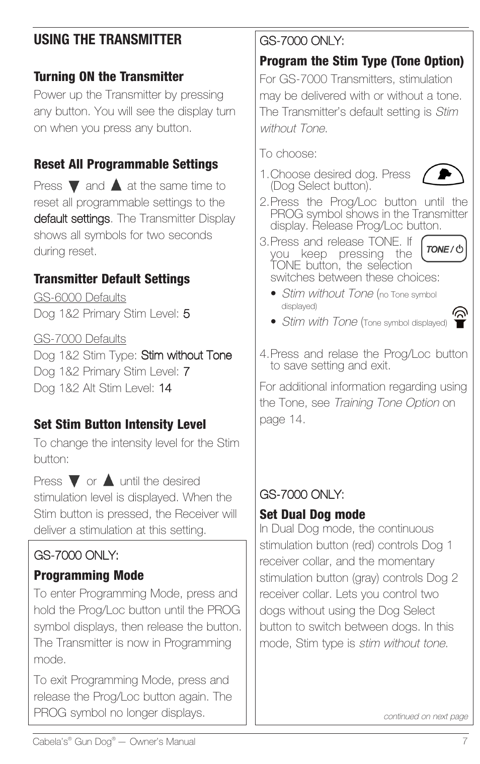 Using the transmitter | Petsafe Innotek Cabela’s Gun Dog Remote Trainer User Manual | Page 7 / 24